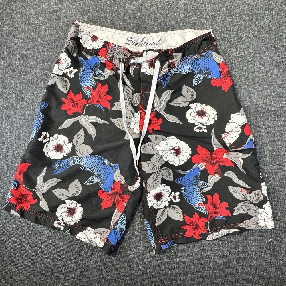 Sideout Men's Size L Black, Red and Blue Hawaiian Floral/Fish Beach Swim Shorts